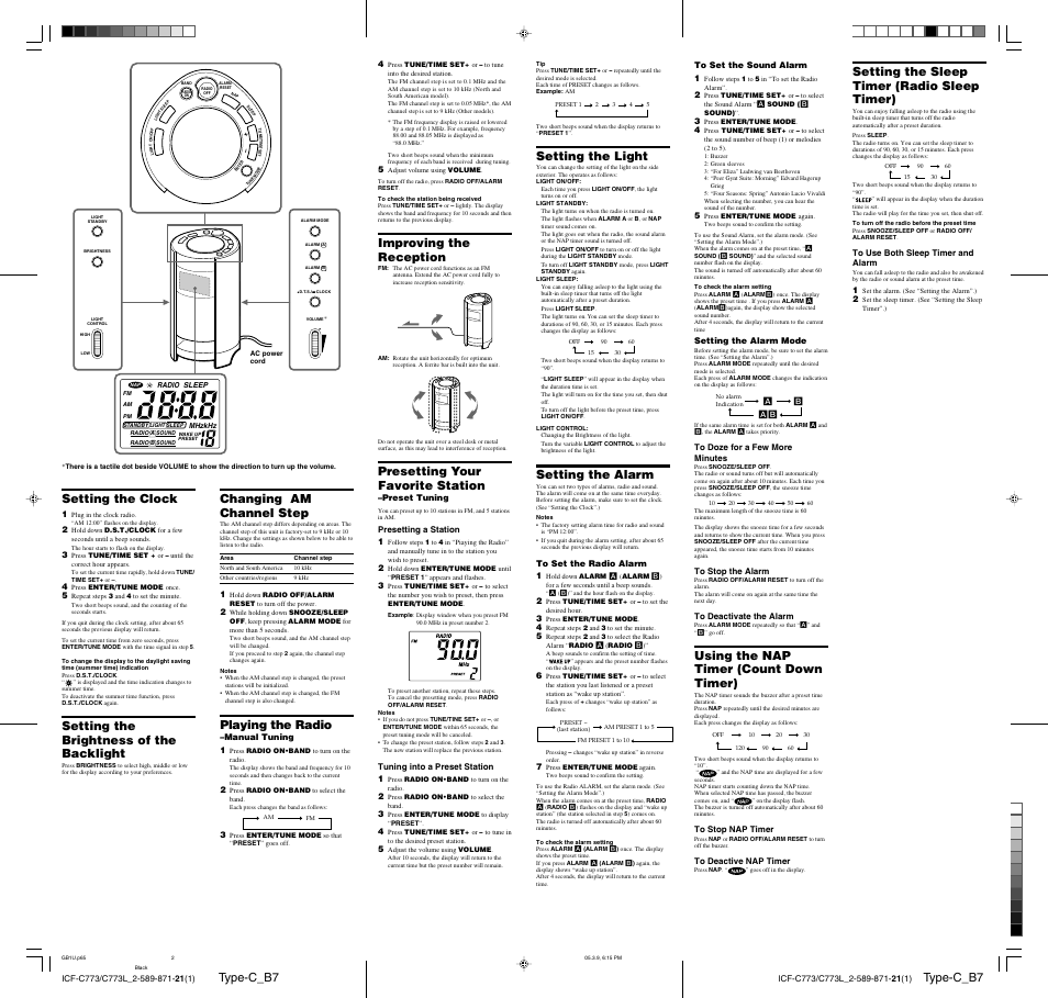 Type-c_b7, Type-c_b7 setting the clock, Setting the brightness of the backlight | Changing am channel step, Playing the radio, Improving the reception, Presetting your favorite station, Setting the light, Setting the alarm, Using the nap timer (count down timer) | Sony ICF-C773 User Manual | Page 2 / 2