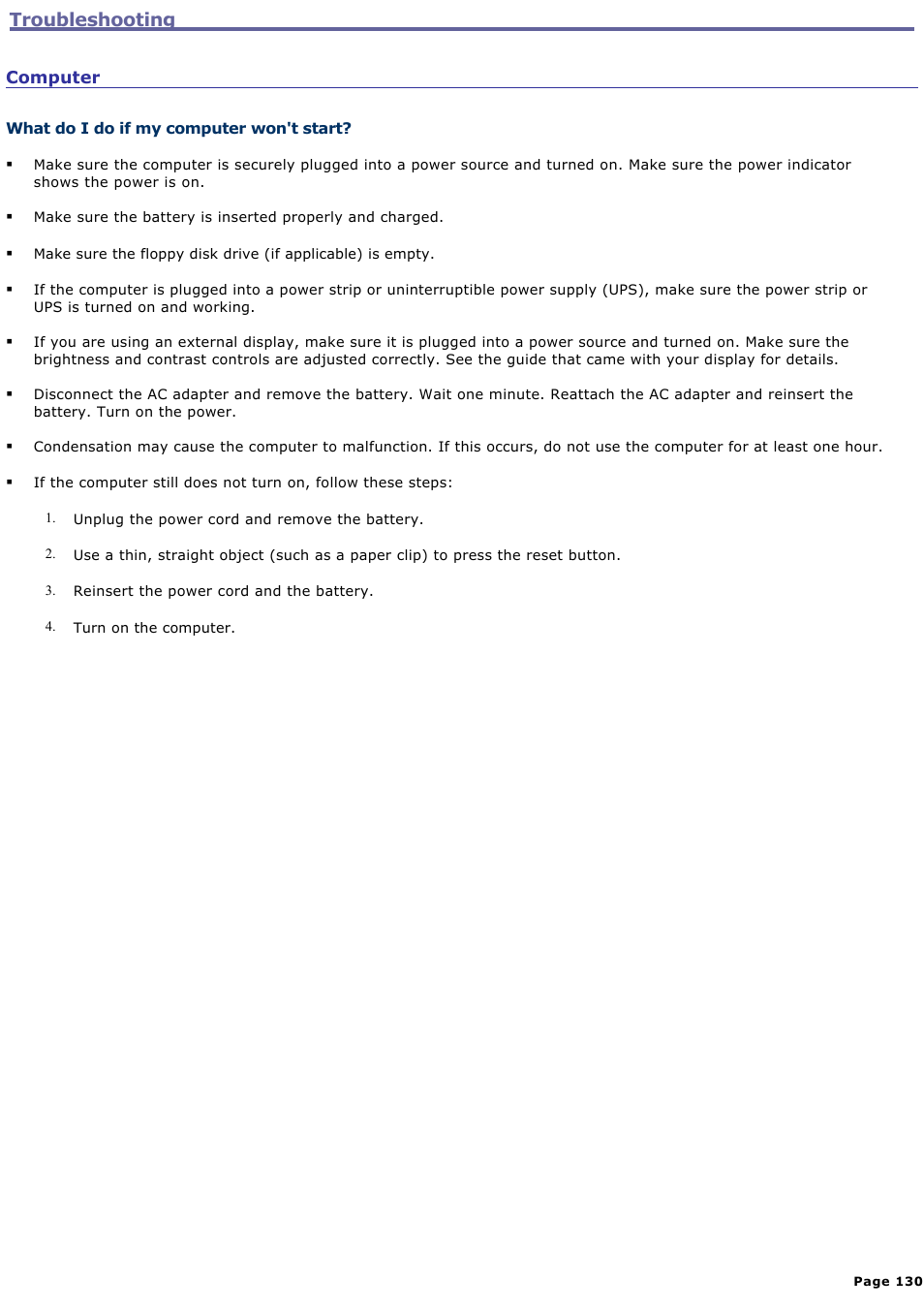 What do i do if my computer won't start, Troubleshooting | Sony PCG-GRT250P User Manual | Page 130 / 208