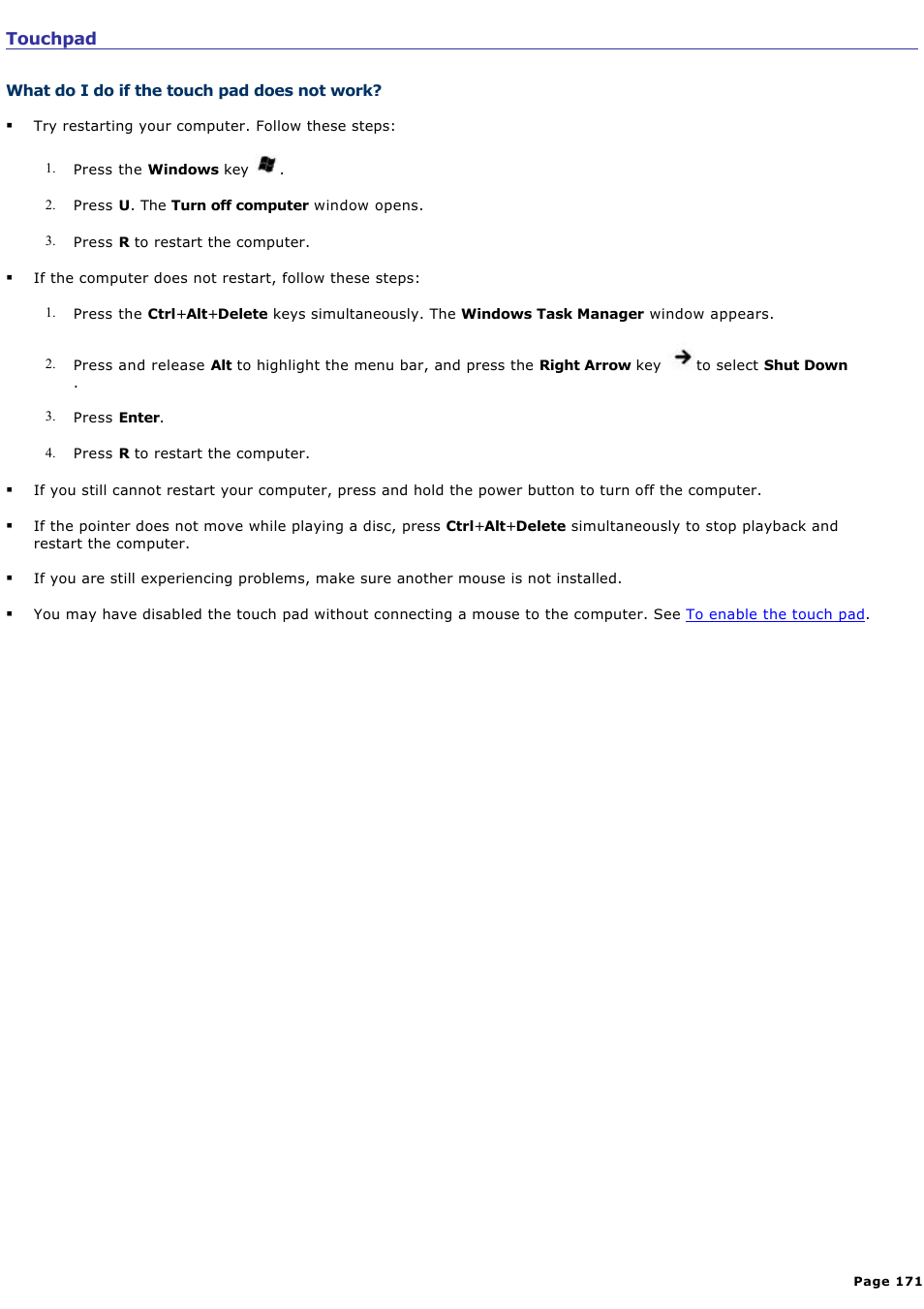 What do i do if the touch pad does not work | Sony PCG-GRT250P User Manual | Page 171 / 208