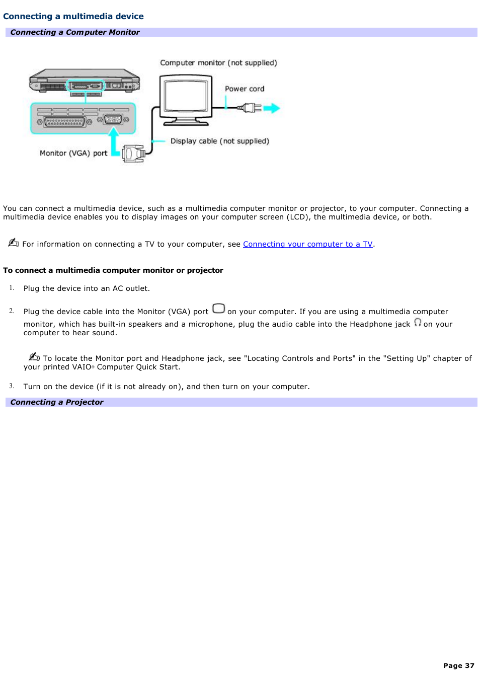 Connecting a multimedia device | Sony PCG-GRT250P User Manual | Page 37 / 208