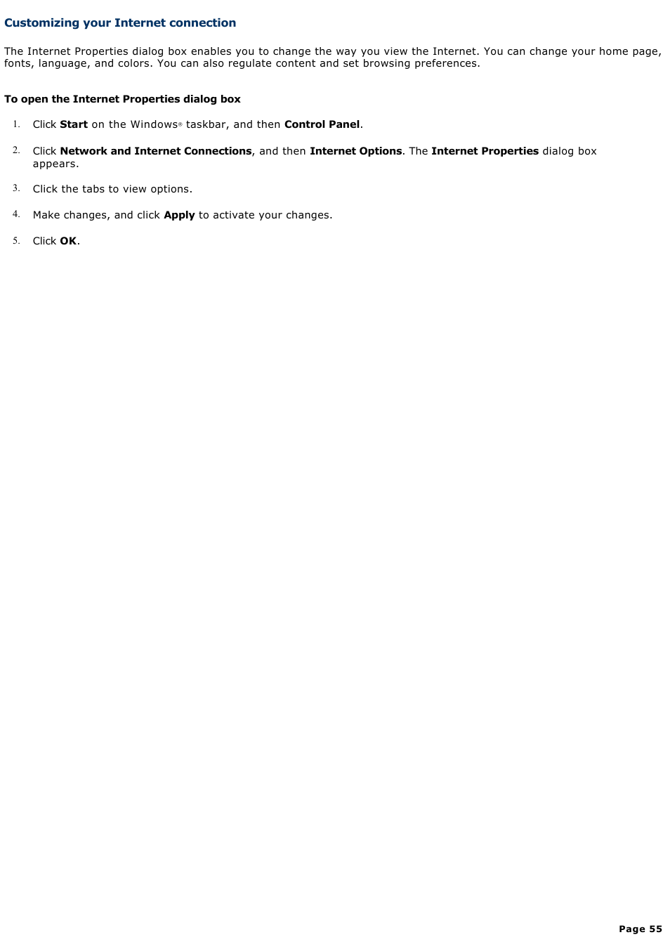 Customizing your internet connection | Sony PCG-GRT250P User Manual | Page 55 / 208