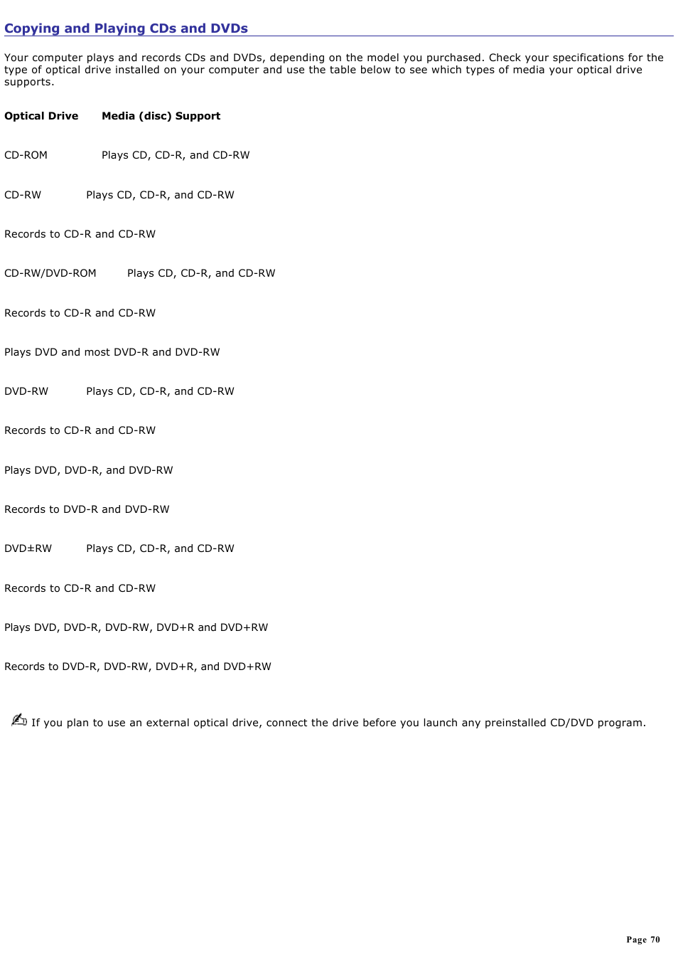 Copying and playing cds and dvds | Sony PCG-GRT250P User Manual | Page 70 / 208