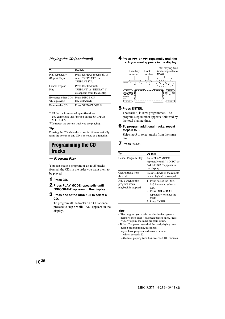 Programming the cd tracks | Sony MHC-GX8000 User Manual | Page 10 / 28