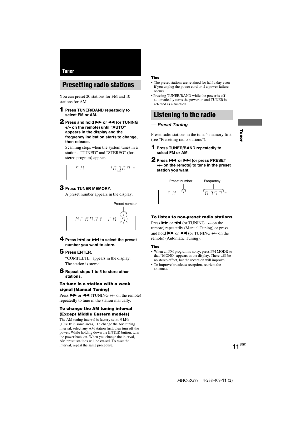 Presetting radio stations, Listening to the radio | Sony MHC-GX8000 User Manual | Page 11 / 28