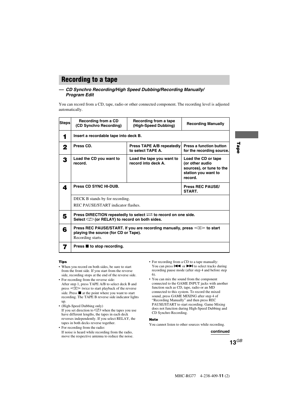 Recording to a tape | Sony MHC-GX8000 User Manual | Page 13 / 28