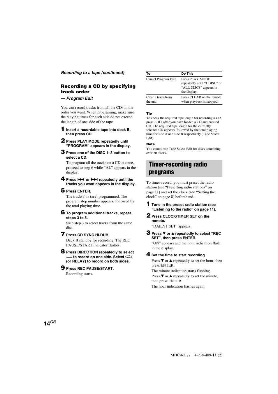 Timer-recording radio programs | Sony MHC-GX8000 User Manual | Page 14 / 28
