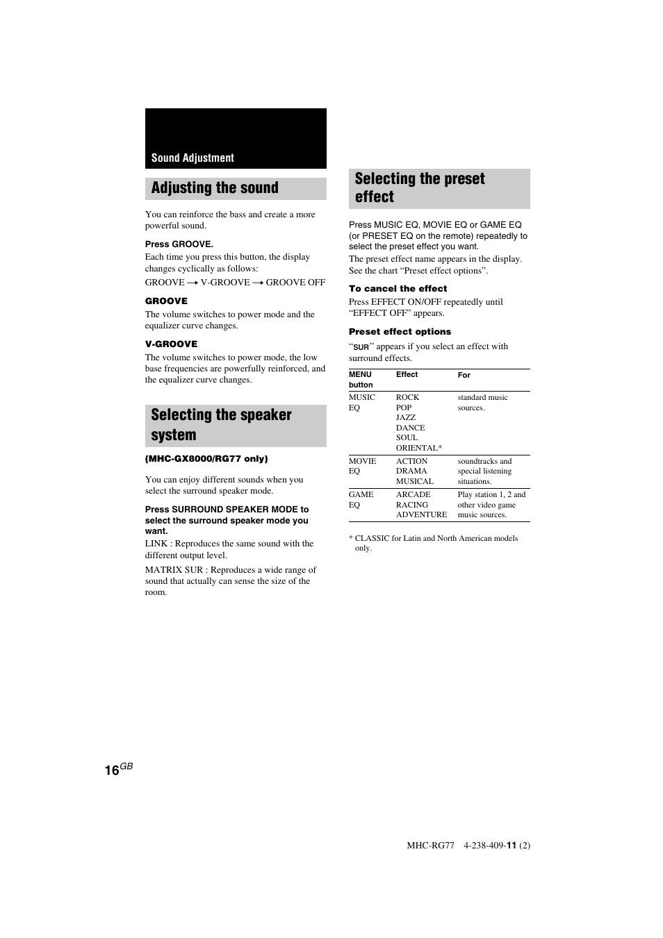 Adjusting the sound, Selecting the speaker system, Selecting the preset effect | Sony MHC-GX8000 User Manual | Page 16 / 28