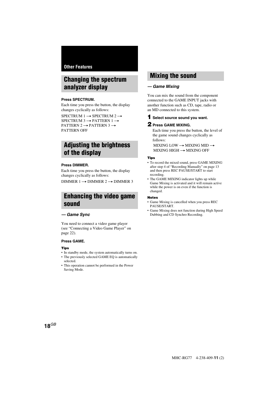 Changing the spectrum analyzer display, Adjusting the brightness of the display, Enhancing the video game sound | Mixing the sound | Sony MHC-GX8000 User Manual | Page 18 / 28