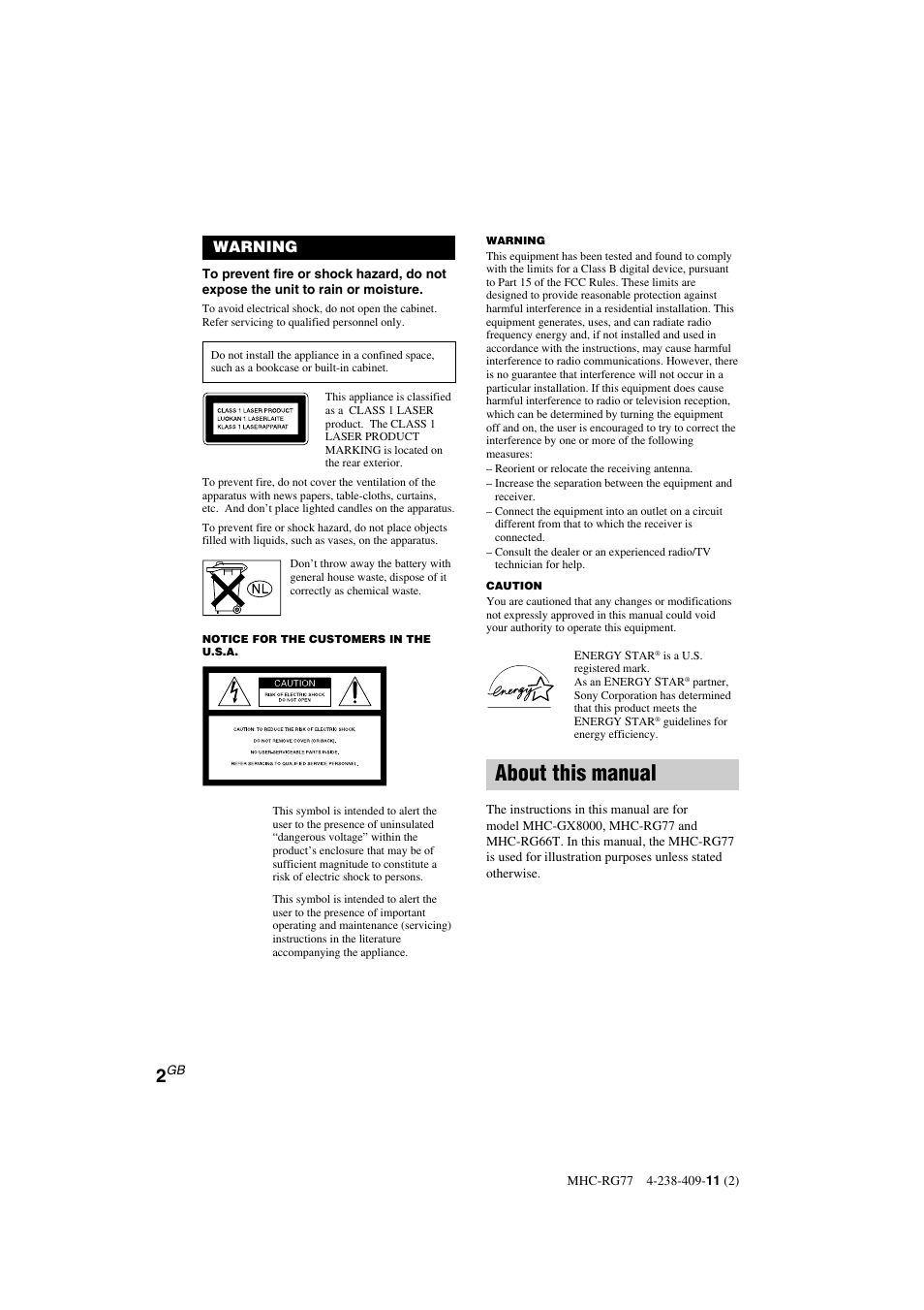 About this manual, Warning | Sony MHC-GX8000 User Manual | Page 2 / 28