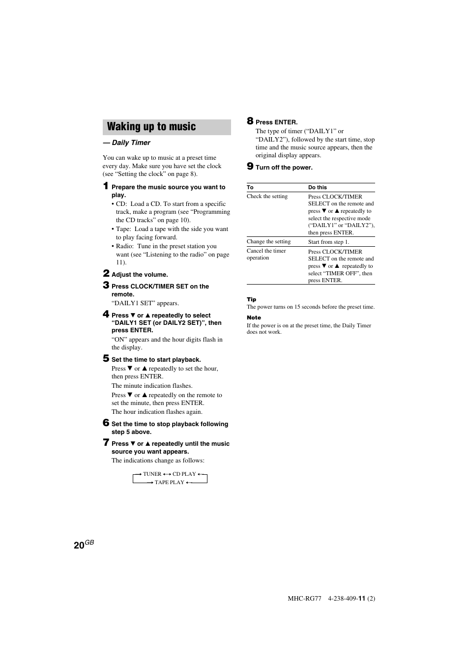 Waking up to music | Sony MHC-GX8000 User Manual | Page 20 / 28