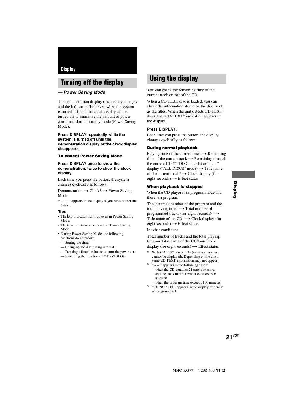 Turning off the display, Using the display, Display | Sony MHC-GX8000 User Manual | Page 21 / 28