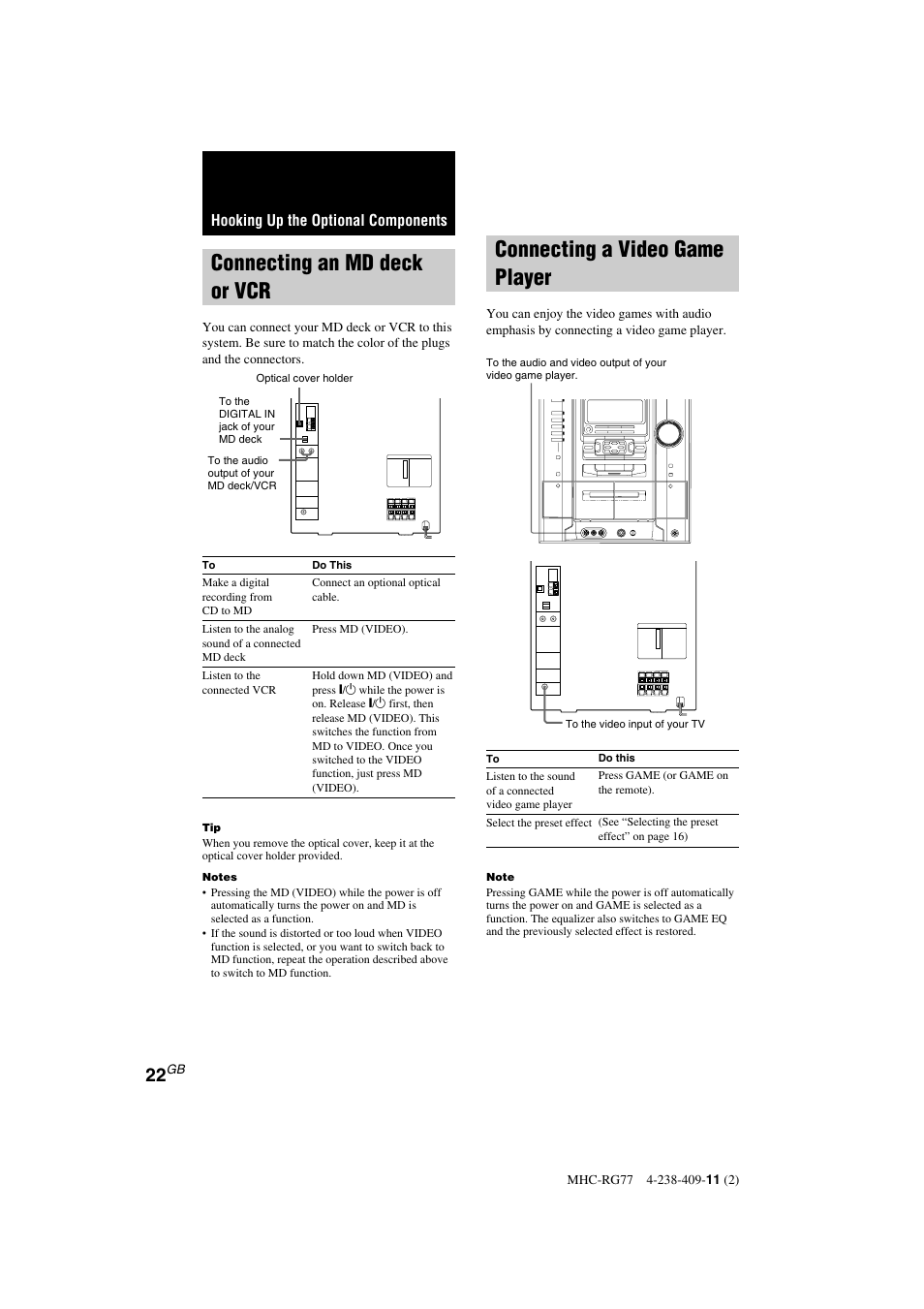 Connecting a video game player, Connecting an md deck or vcr | Sony MHC-GX8000 User Manual | Page 22 / 28