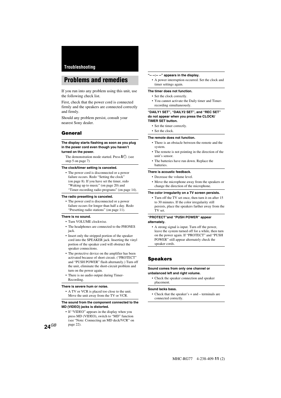 Problems and remedies, General, Speakers | Troubleshooting | Sony MHC-GX8000 User Manual | Page 24 / 28
