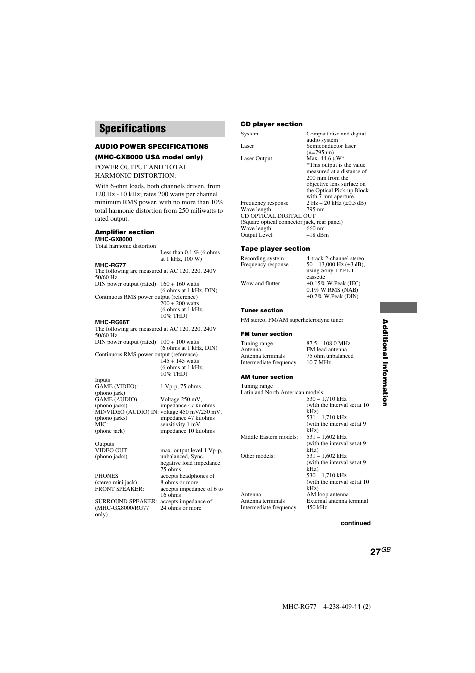 Specifications | Sony MHC-GX8000 User Manual | Page 27 / 28