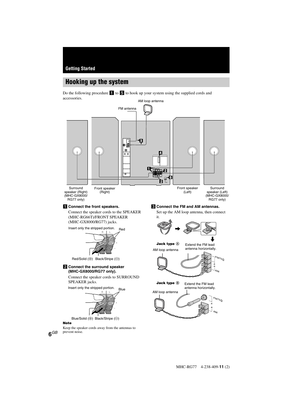 Hooking up the system, Getting started | Sony MHC-GX8000 User Manual | Page 6 / 28