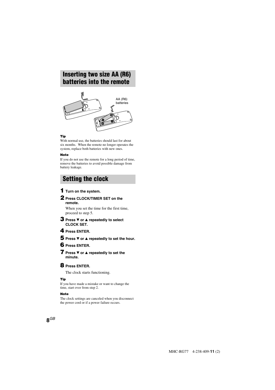 Setting the clock | Sony MHC-GX8000 User Manual | Page 8 / 28