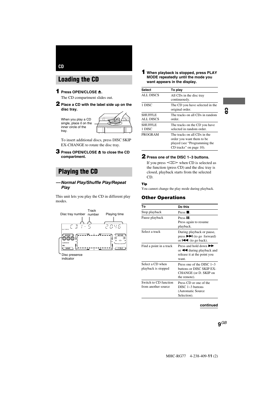 Loading the cd, Playing the cd | Sony MHC-GX8000 User Manual | Page 9 / 28