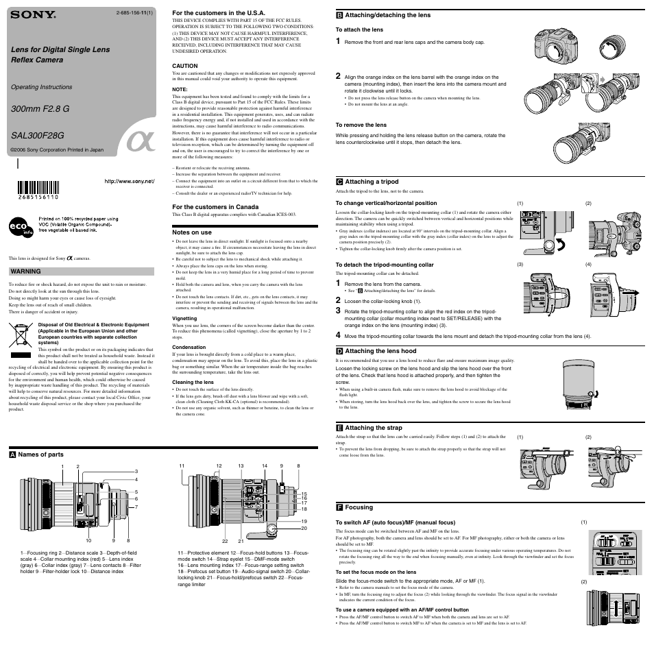 Sony SAL-300F28G User Manual | 2 pages