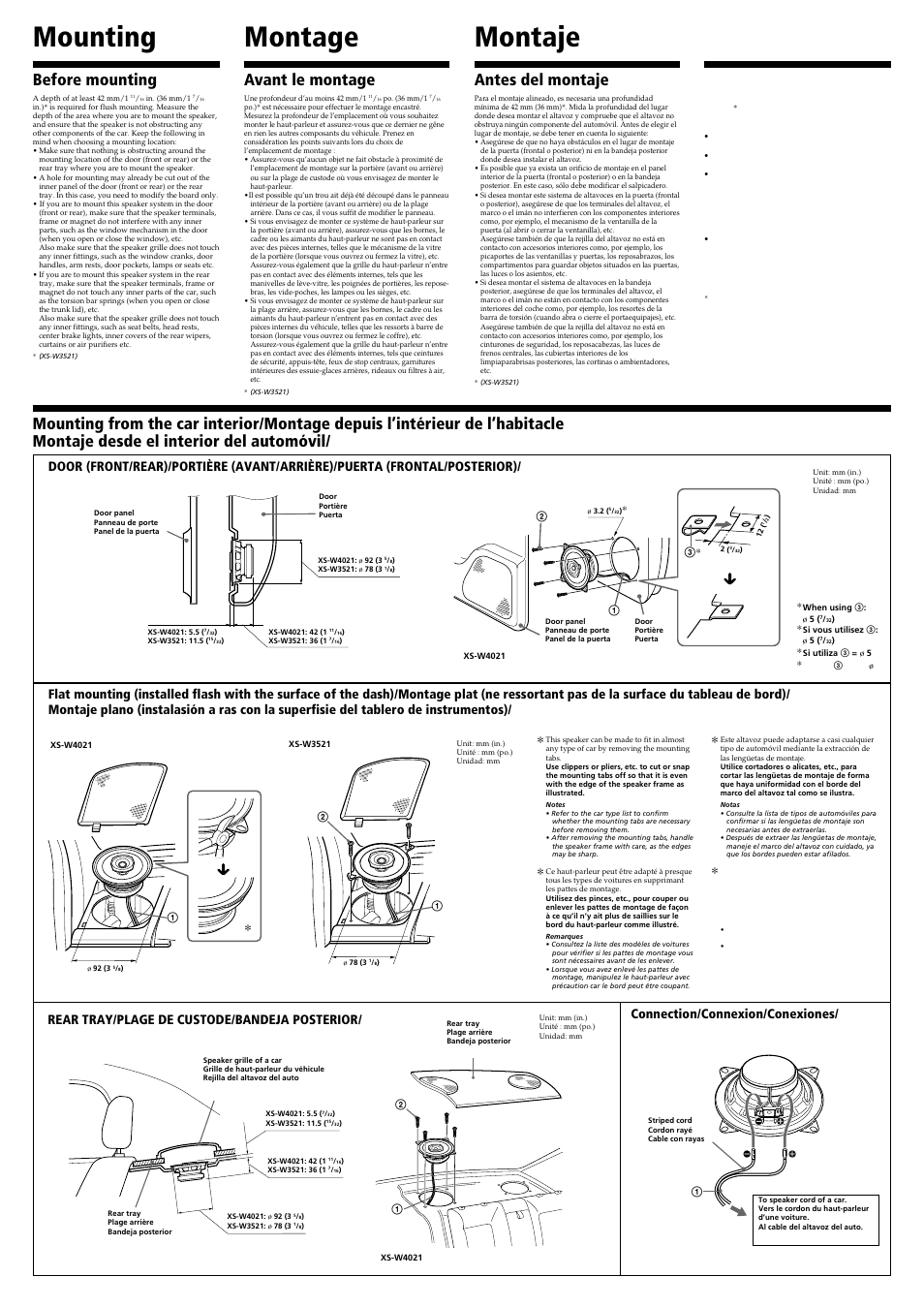 Mounting, Montage, Montaje | 安裝以前, Before mounting, Avant le montage, Antes del montaje, Connection/connexion/conexiones/ 後扥架 | Sony XS-W4021 User Manual | Page 2 / 2