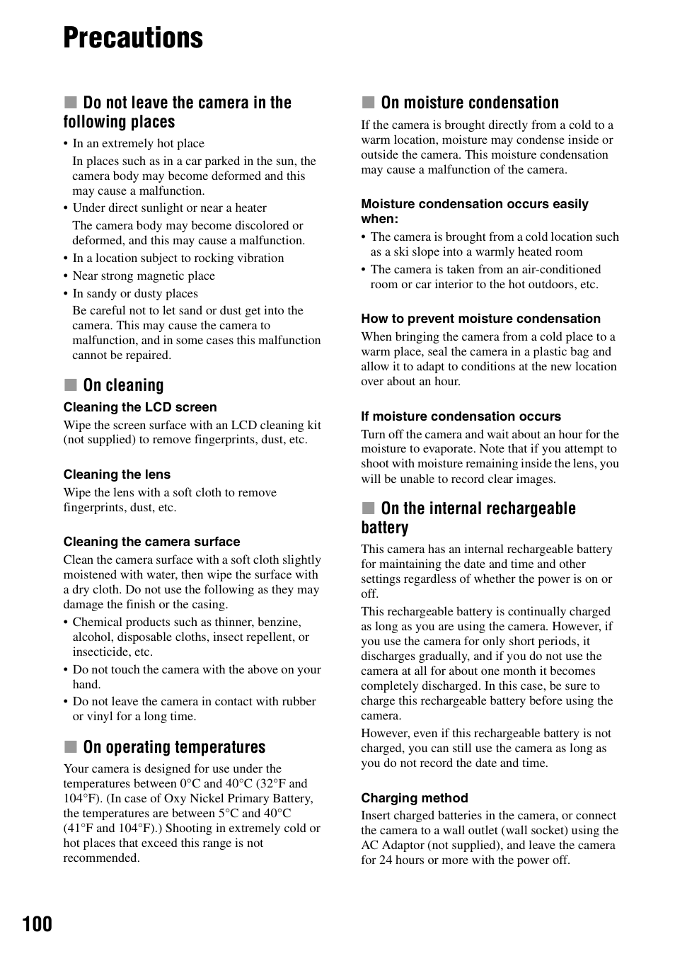 Precautions | Sony DSC-H1 User Manual | Page 100 / 107