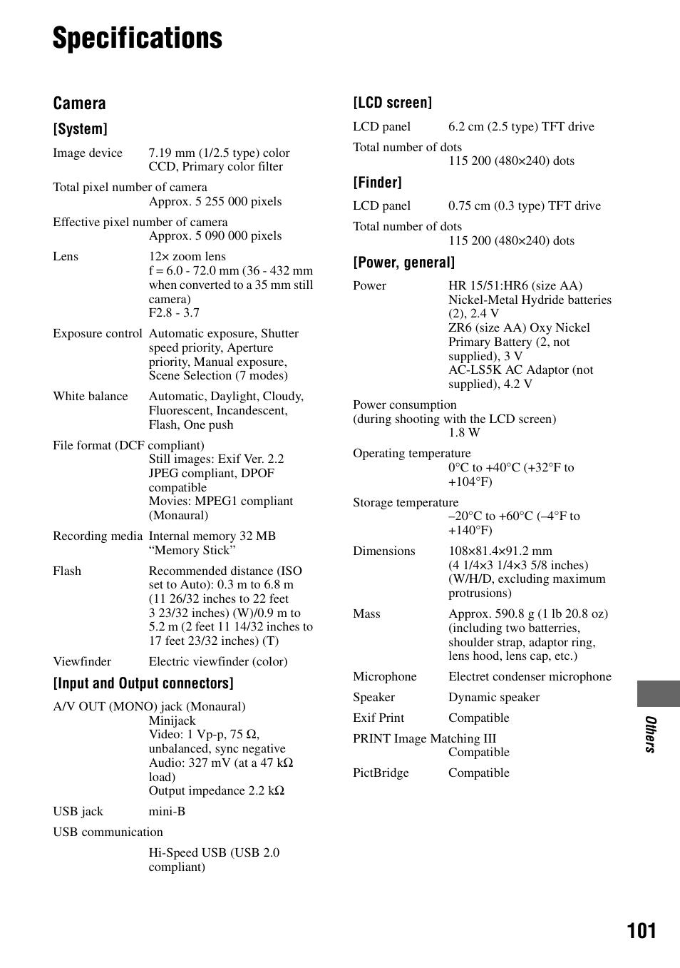 Specifications, Camera | Sony DSC-H1 User Manual | Page 101 / 107