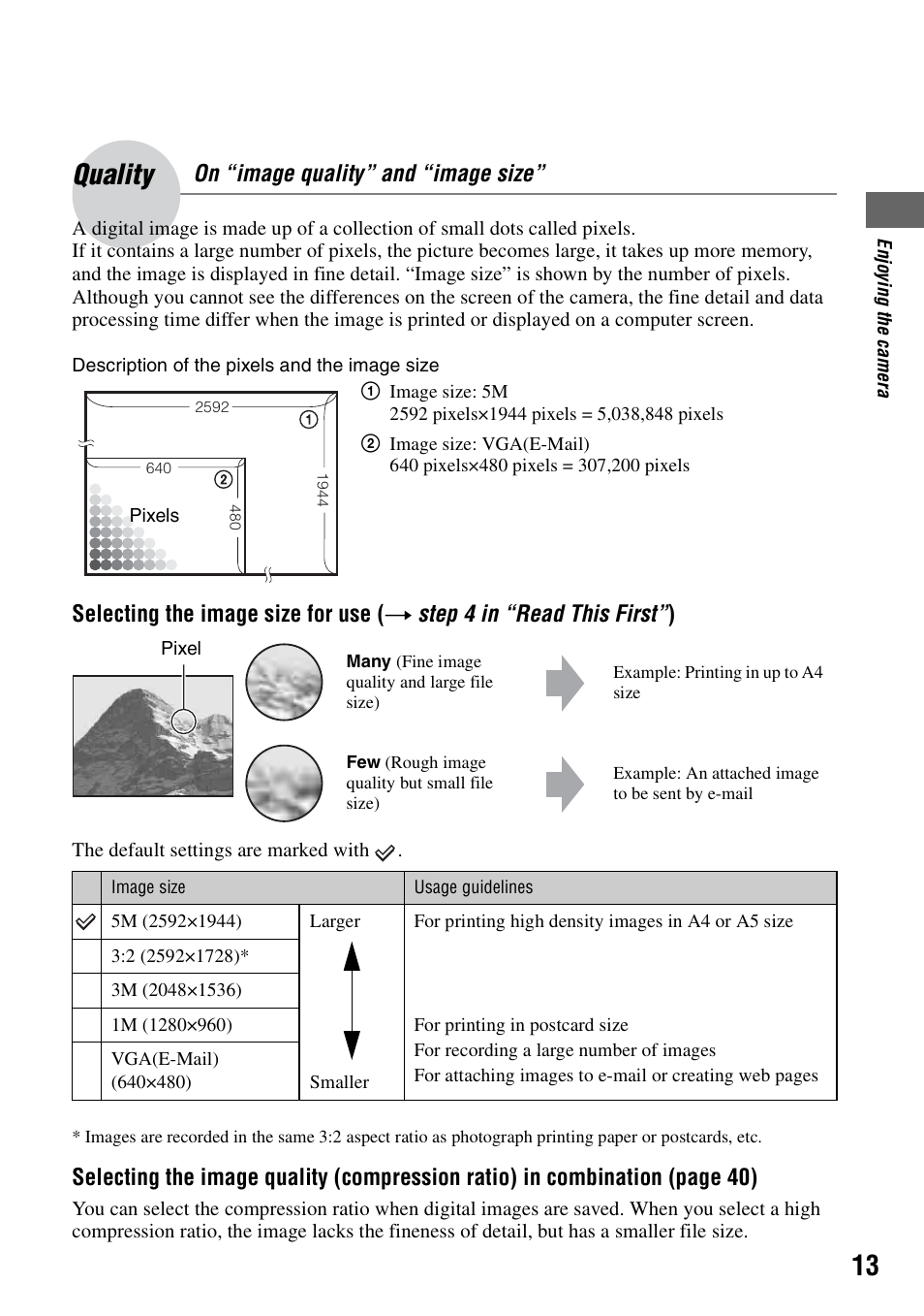 Quality – on “image quality” and “image size, Quality, On “image quality” and “image size | Sony DSC-H1 User Manual | Page 13 / 107