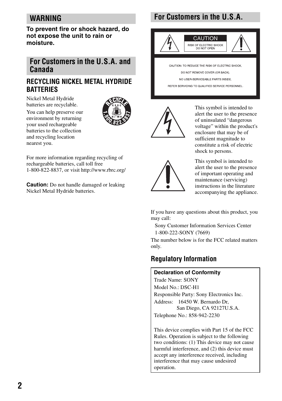 Sony DSC-H1 User Manual | Page 2 / 107