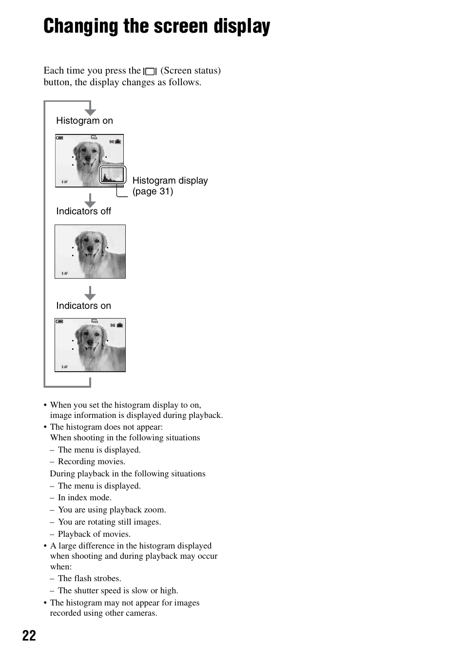 Changing the screen display | Sony DSC-H1 User Manual | Page 22 / 107