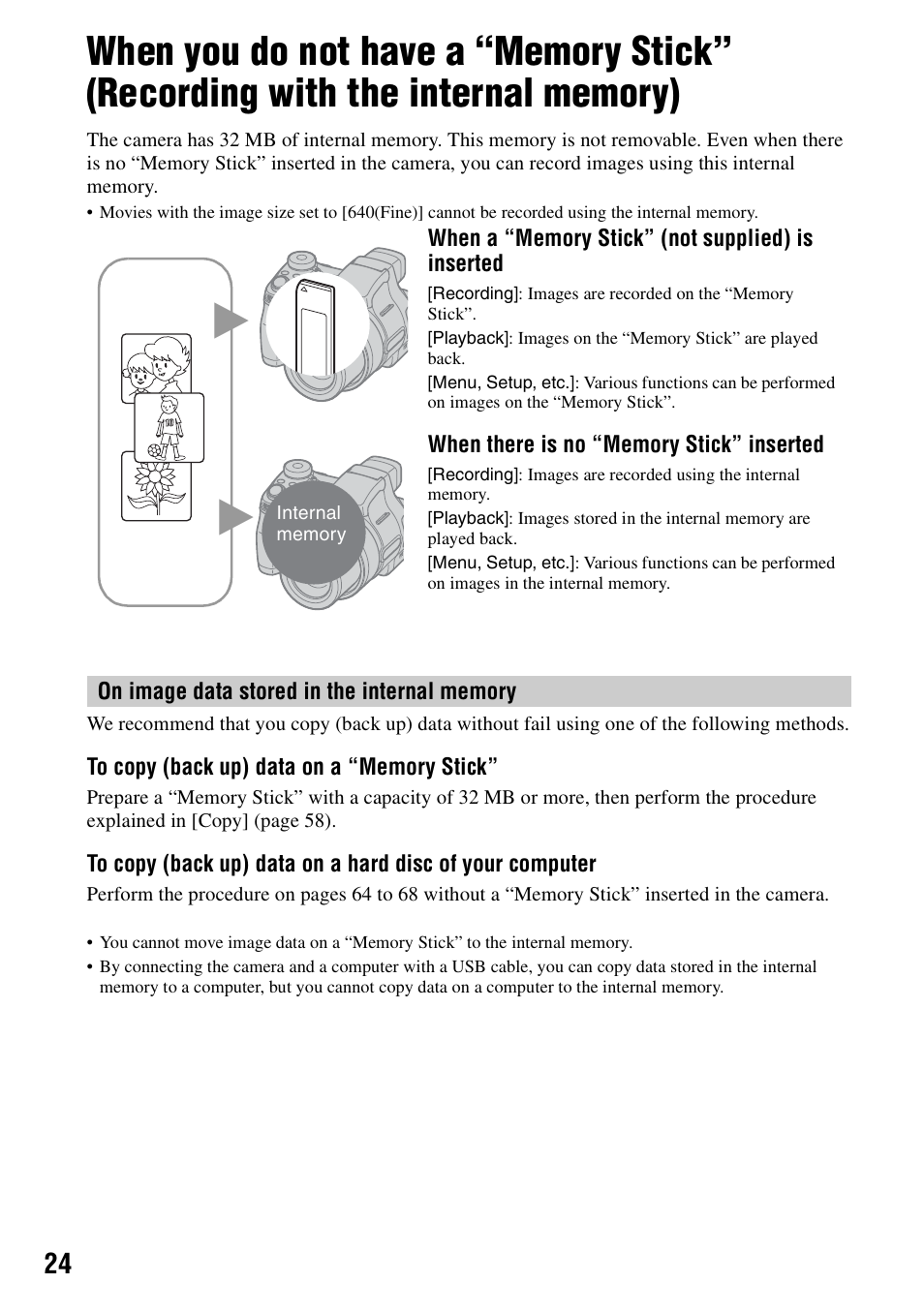 When you do not have a “memory stick | Sony DSC-H1 User Manual | Page 24 / 107