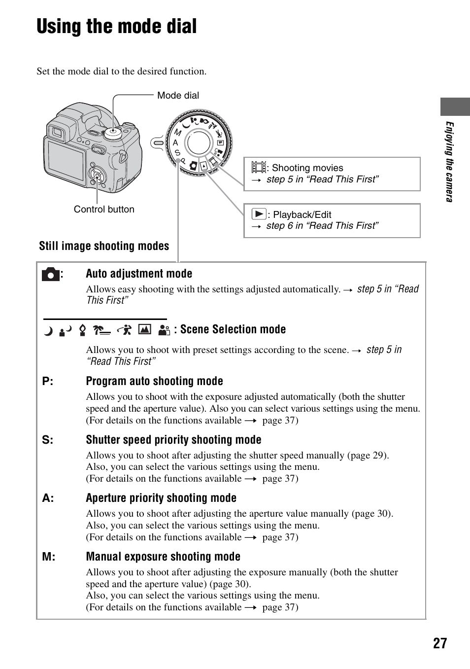 Using the mode dial | Sony DSC-H1 User Manual | Page 27 / 107