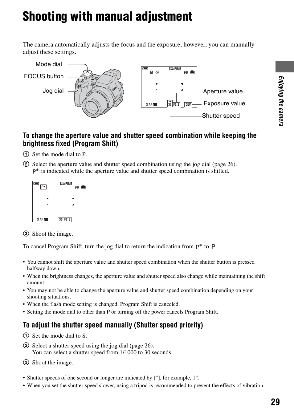 Shooting with manual adjustment | Sony DSC-H1 User Manual | Page 29 / 107