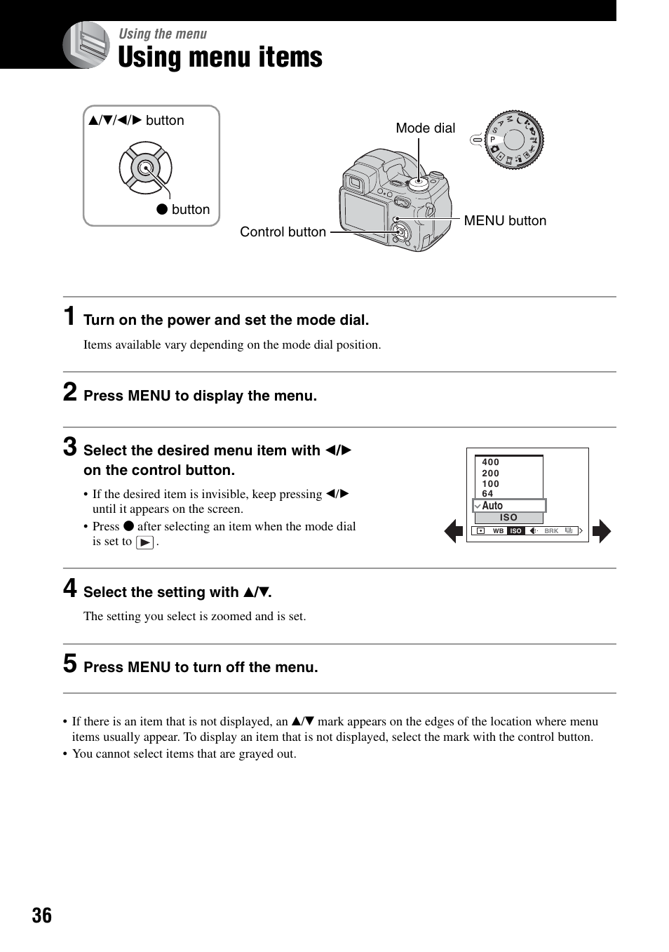 Using the menu, Using menu items, Nu (36) | Sony DSC-H1 User Manual | Page 36 / 107