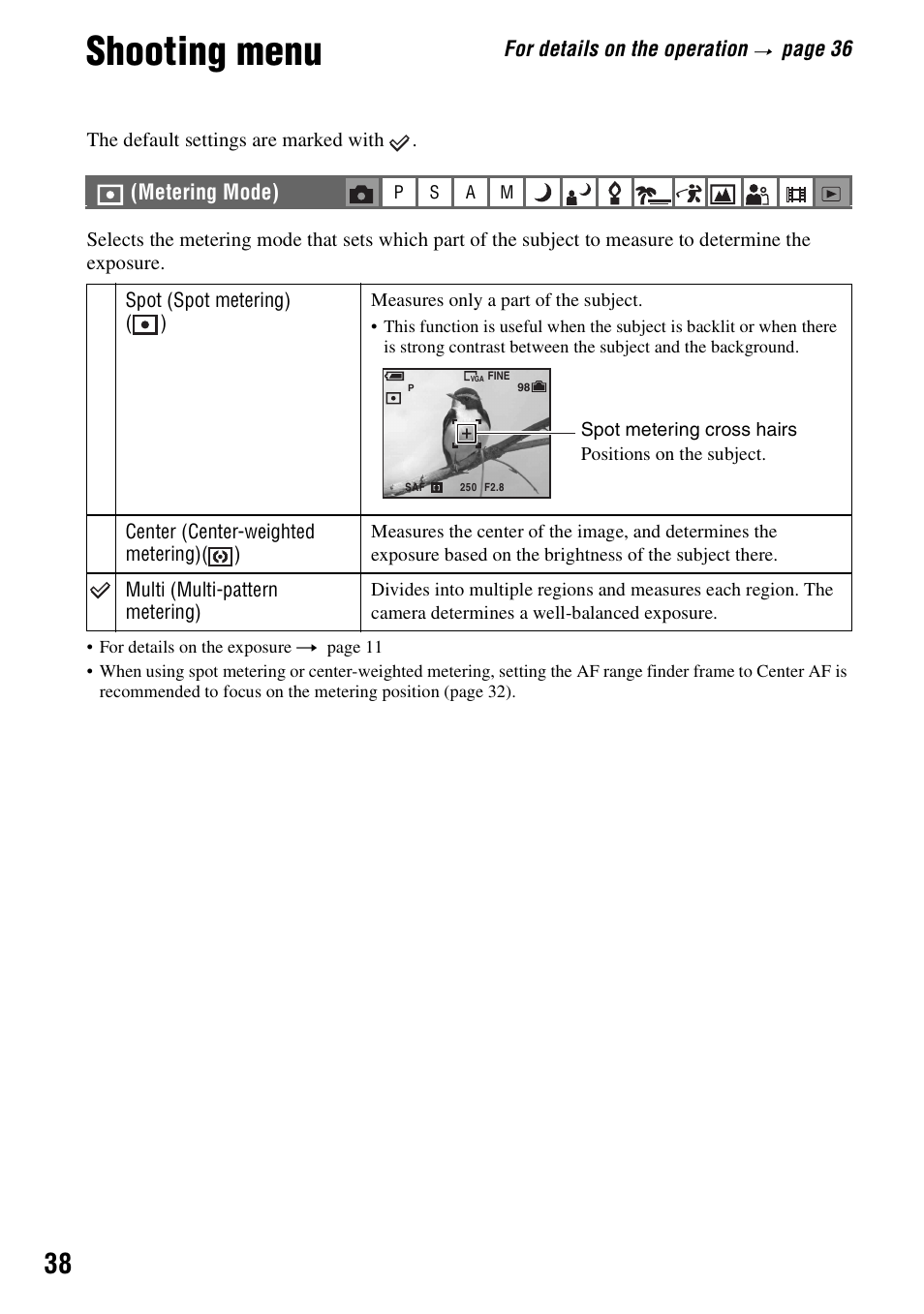 Shooting menu, Metering mode), For details on the operation | Page 36 | Sony DSC-H1 User Manual | Page 38 / 107