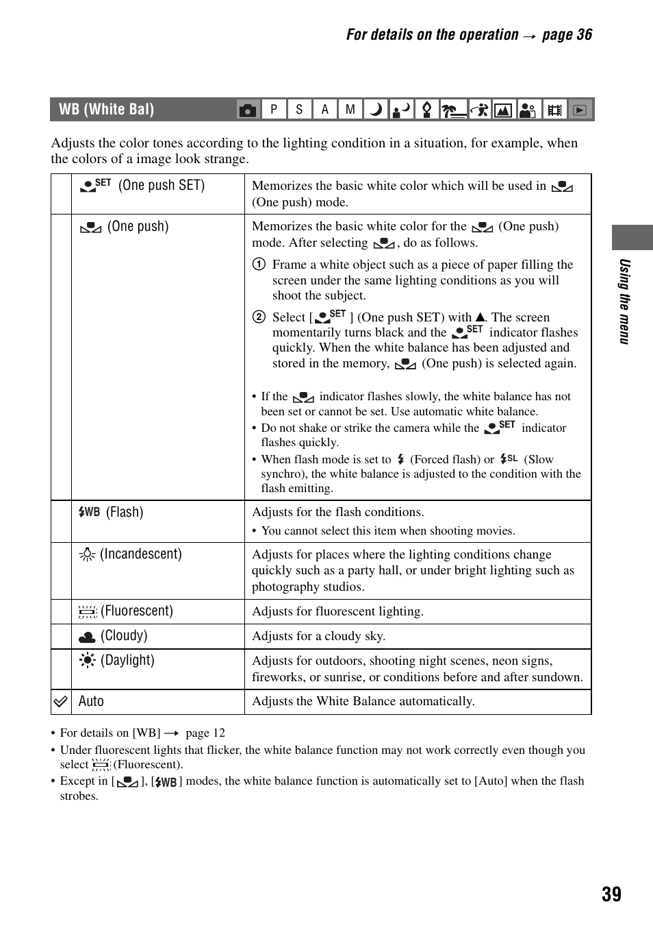 Wb (white bal) | Sony DSC-H1 User Manual | Page 39 / 107