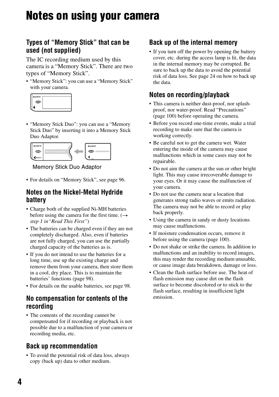 Notes on using your camera, No compensation for contents of the recording, Back up recommendation | Sony DSC-H1 User Manual | Page 4 / 107