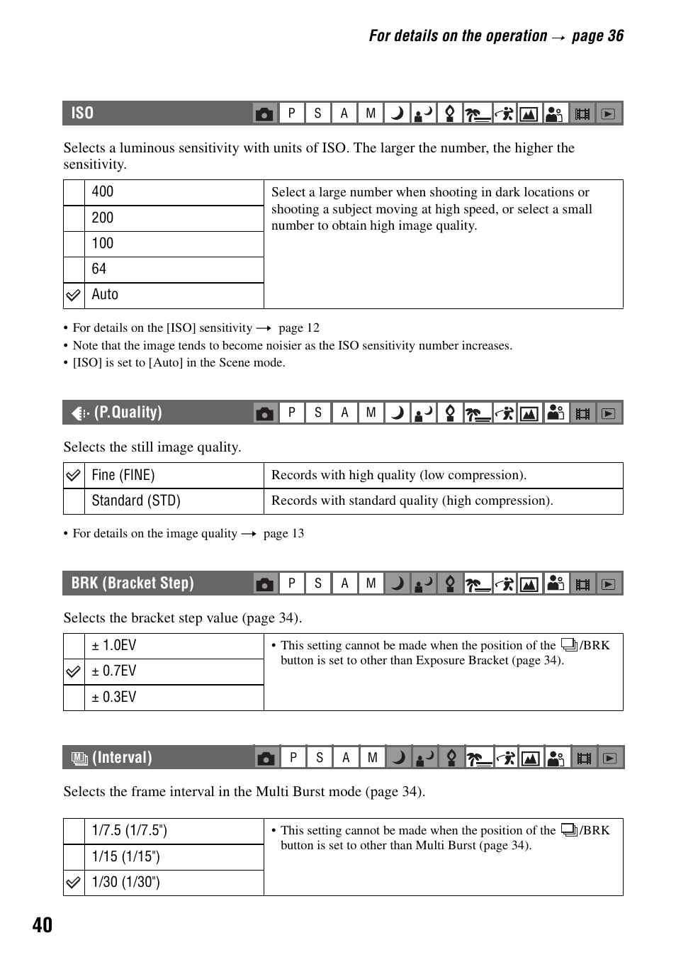 P.quality), Brk (bracket step), Interval) | Sony DSC-H1 User Manual | Page 40 / 107