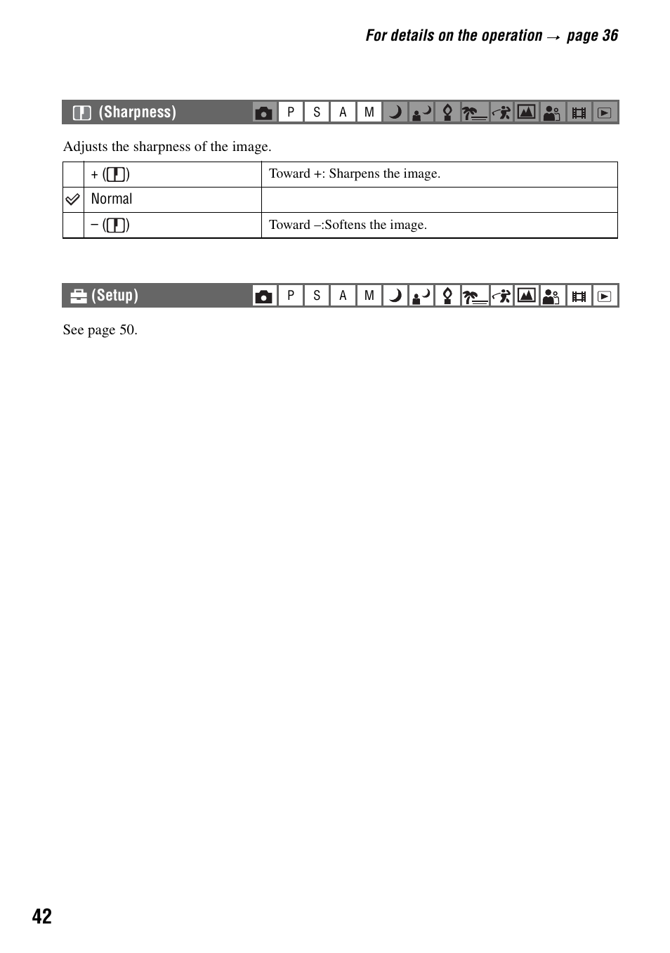 Sharpness), Setup) | Sony DSC-H1 User Manual | Page 42 / 107