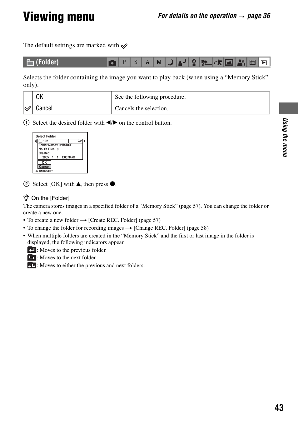 Viewing menu, Folder), For details on the operation | Pa ge 36 | Sony DSC-H1 User Manual | Page 43 / 107