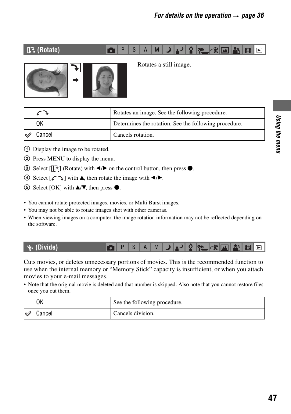 Rotate), Divide) | Sony DSC-H1 User Manual | Page 47 / 107