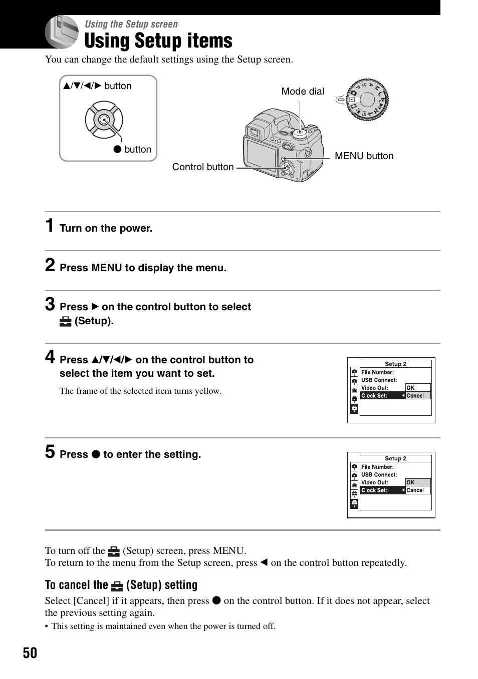 Using the setup screen, Using setup items | Sony DSC-H1 User Manual | Page 50 / 107