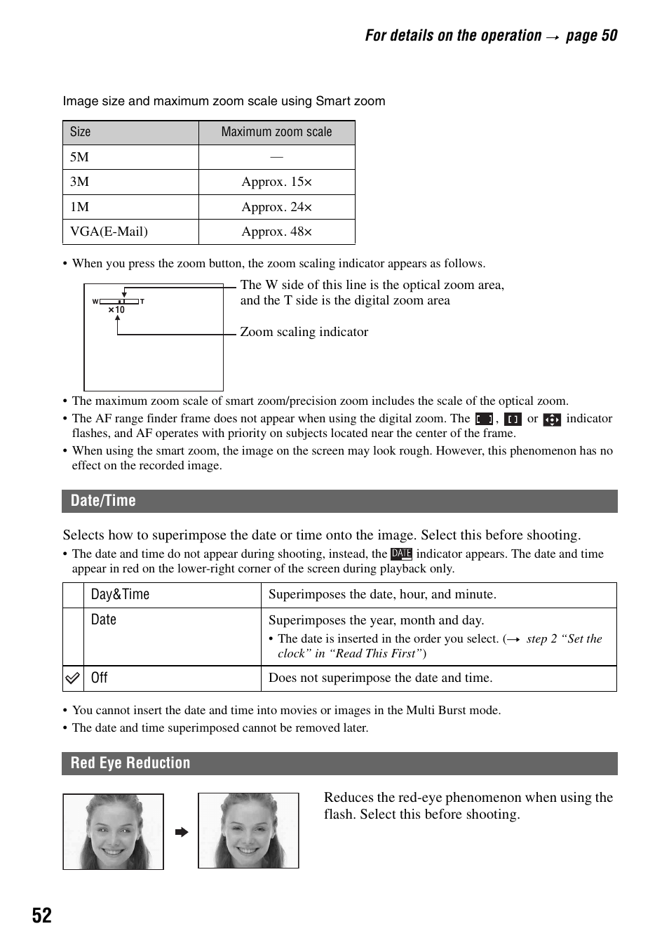 Date/time red eye reduction | Sony DSC-H1 User Manual | Page 52 / 107