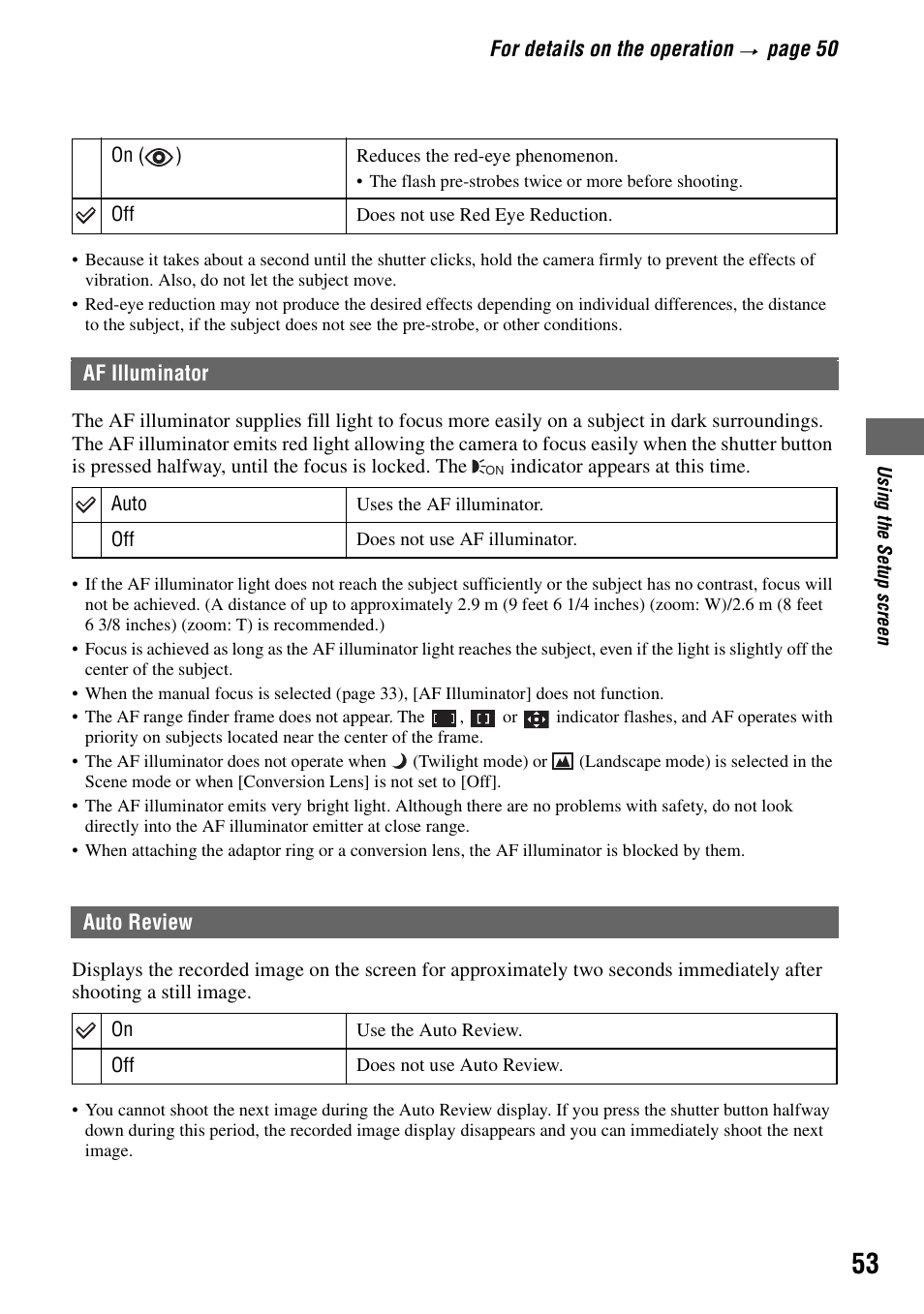 Af illuminator auto review | Sony DSC-H1 User Manual | Page 53 / 107