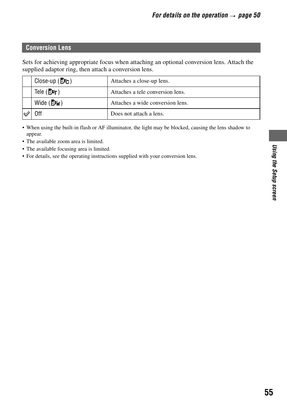 Conversion lens, Ns (55) | Sony DSC-H1 User Manual | Page 55 / 107