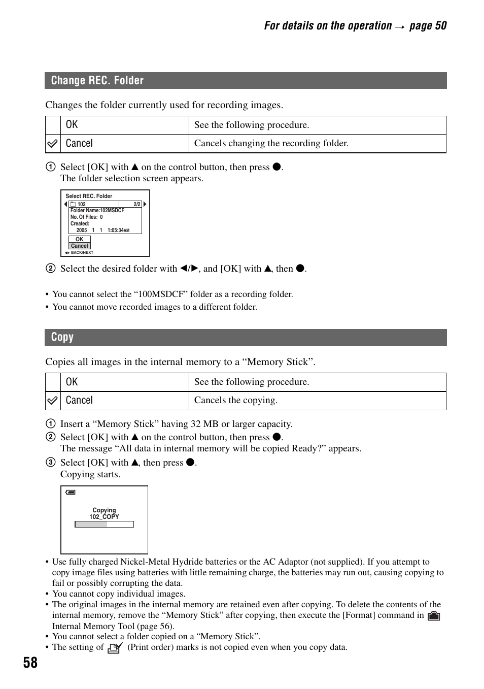 Change rec. folder copy, For details on the operation, Page 50 | Change rec. folder, Copy | Sony DSC-H1 User Manual | Page 58 / 107