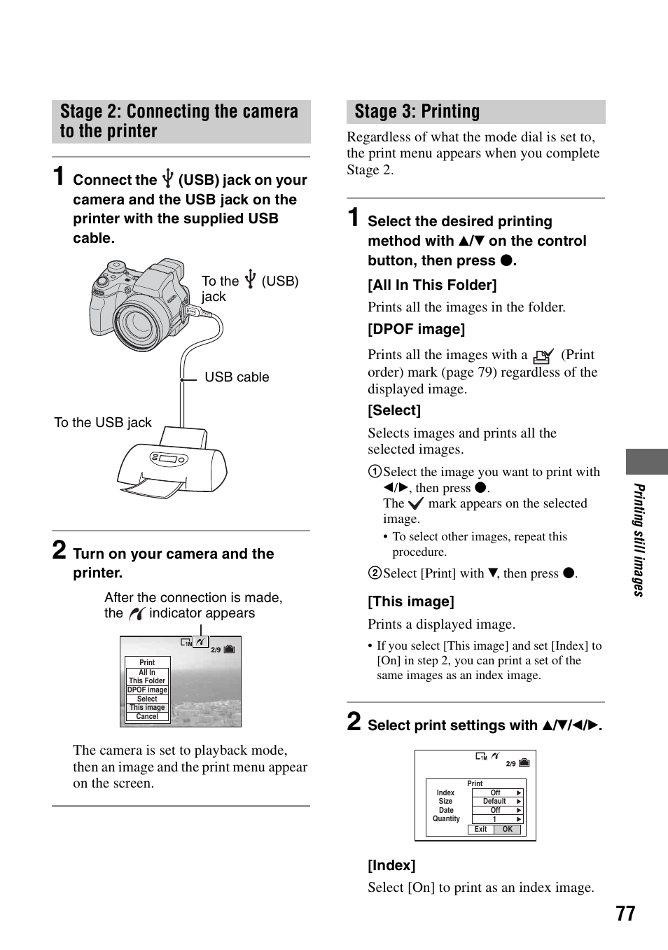 Stage 2: connecting the camera to the printer, Stage 3: printing | Sony DSC-H1 User Manual | Page 77 / 107