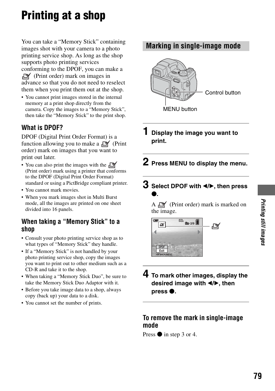 Printing at a shop, Marking in single-image mode | Sony DSC-H1 User Manual | Page 79 / 107