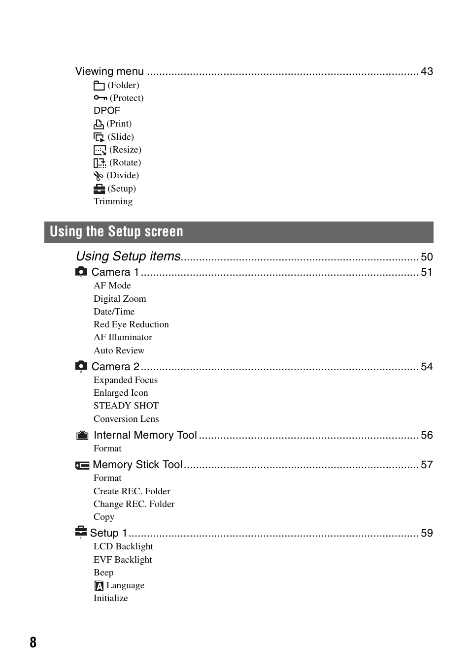 Using the setup screen, Using setup items | Sony DSC-H1 User Manual | Page 8 / 107