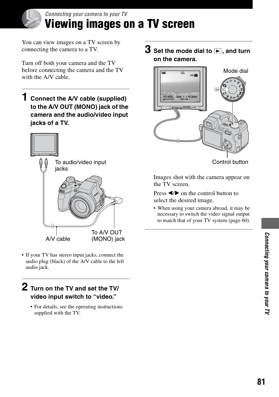 Connecting your camera to your tv, Viewing images on a tv screen | Sony DSC-H1 User Manual | Page 81 / 107