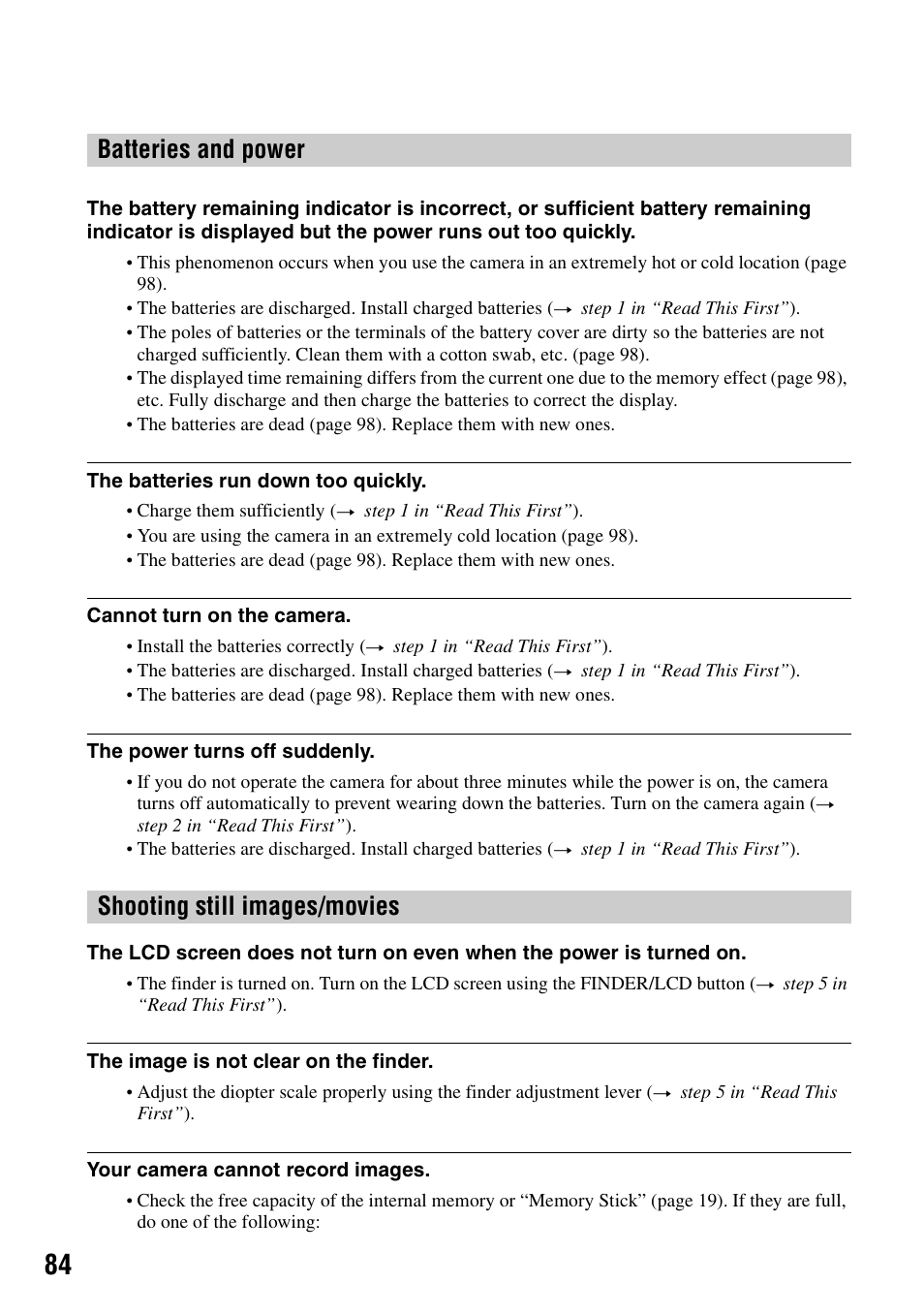 Batteries and power shooting still images/movies | Sony DSC-H1 User Manual | Page 84 / 107