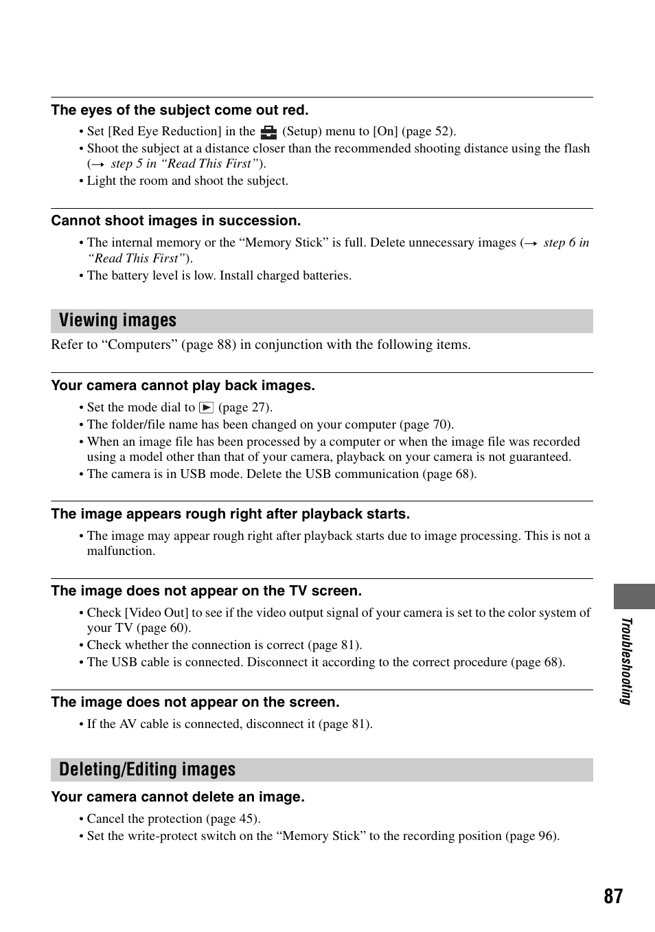 Viewing images deleting/editing images | Sony DSC-H1 User Manual | Page 87 / 107